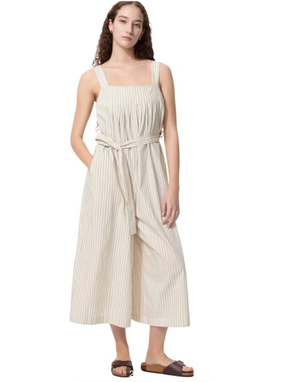 UNIQLO Linen Blend Pinstripe Wide Leg Jumpsuit Natural Beige Size S NWT